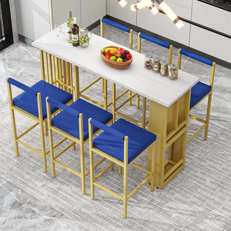 Mercer41 Counter Height Dining Bar Table Set with Open Shelves and 6 Upholstered Stools for Dining Room Wayfair